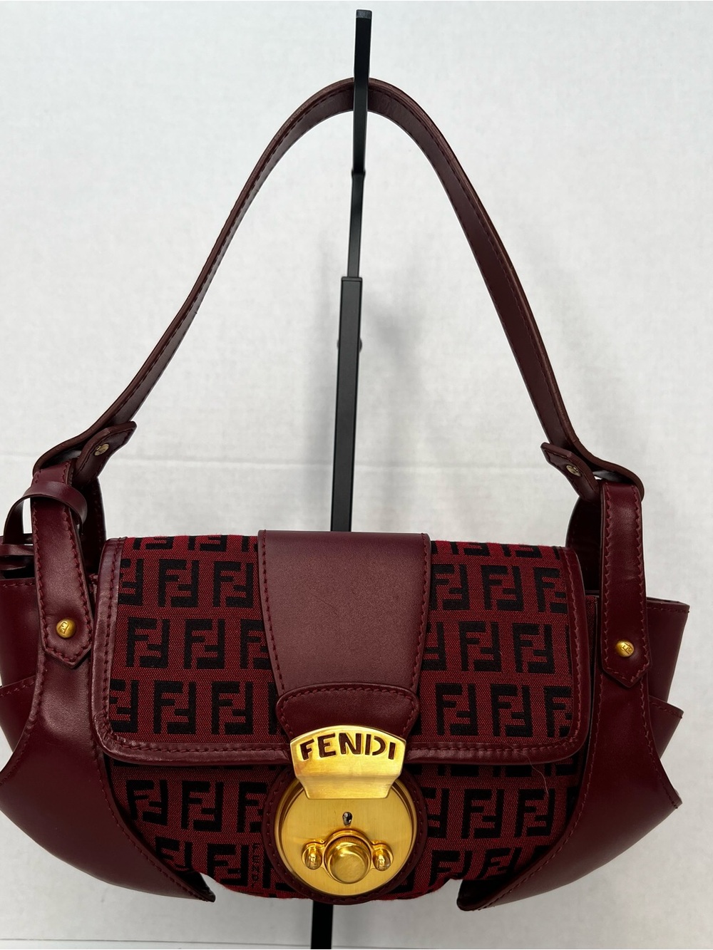 Authentic FENDI Zucca Bordeaux Burgundy FF Canvas Leather Shoulder Bag